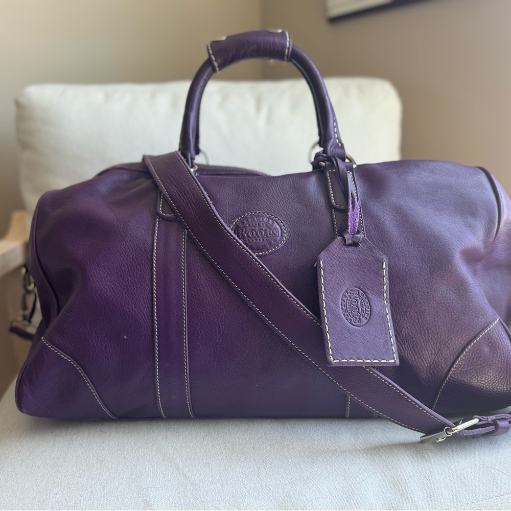 Roots Purple Duffel Bag with Leather Construction and Detachable Strap